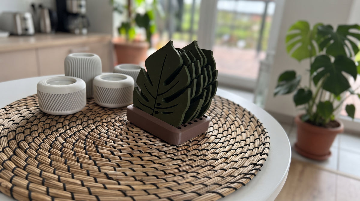 Standlı Monstera Yaprağı Bardak Altlığı Seti