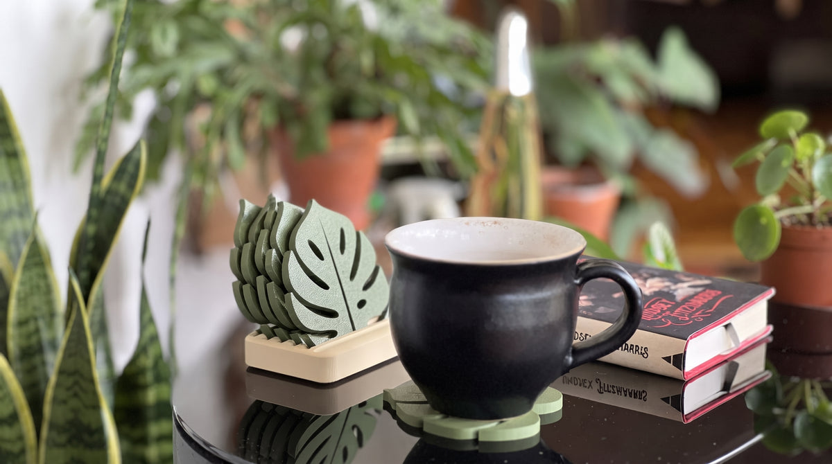 Standlı Monstera Yaprağı Bardak Altlığı Seti