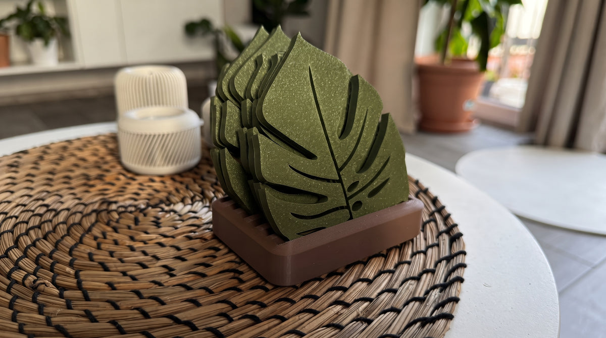 Standlı Monstera Yaprağı Bardak Altlığı Seti
